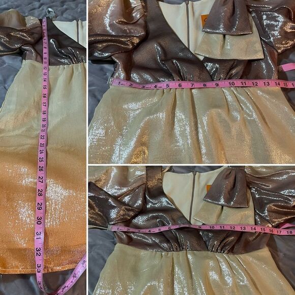 Voom by Joy Han Brown Orange Bow Shimmery Ombre Metallic Silk Cocktail Dress S - Picture 10 of 11